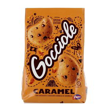 Gocciole Caramel biscotti di pasta frolla con gocce di cioccolato e croccante granella di caramello da 300 g